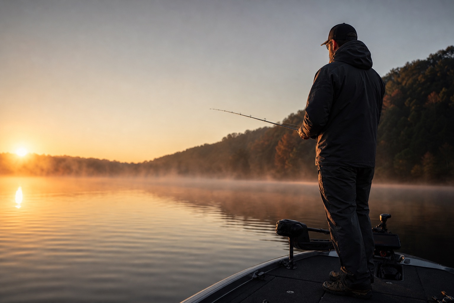 An angler casting from the bow of a fishing boat on a misty lake at sunrise