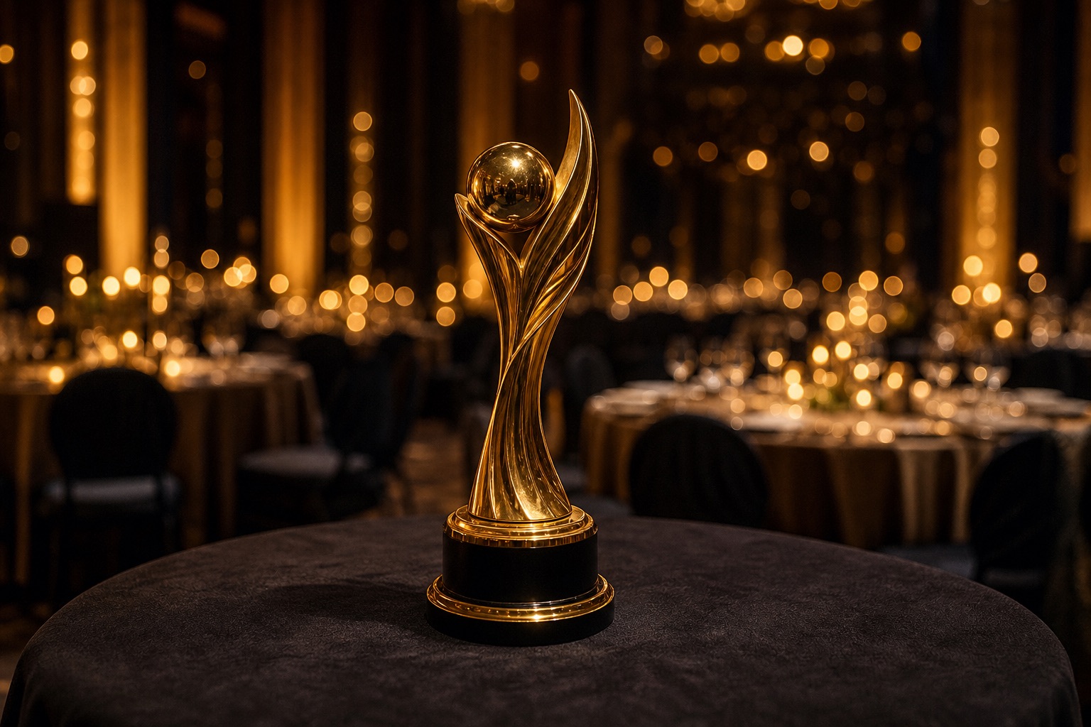 A gold trophy on a table at an awards evening, with a softly lit banquet hall behind it